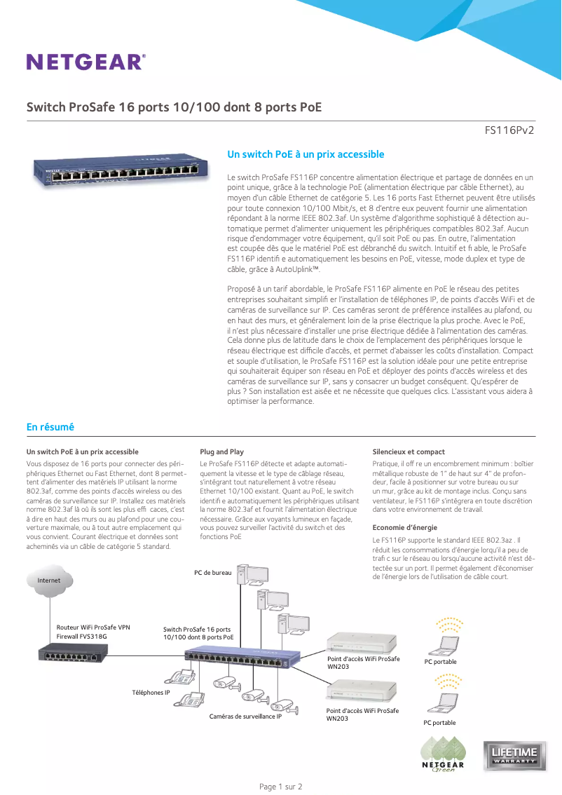Page n°1 - Fiche technique Netgear FS116Pv2