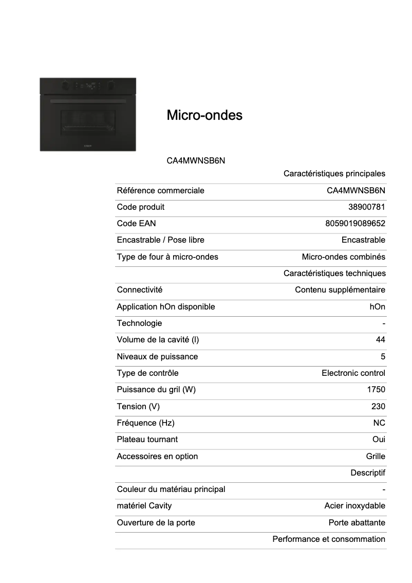 Page 1 de la notice Fiche technique Candy CA4MWNSB6N