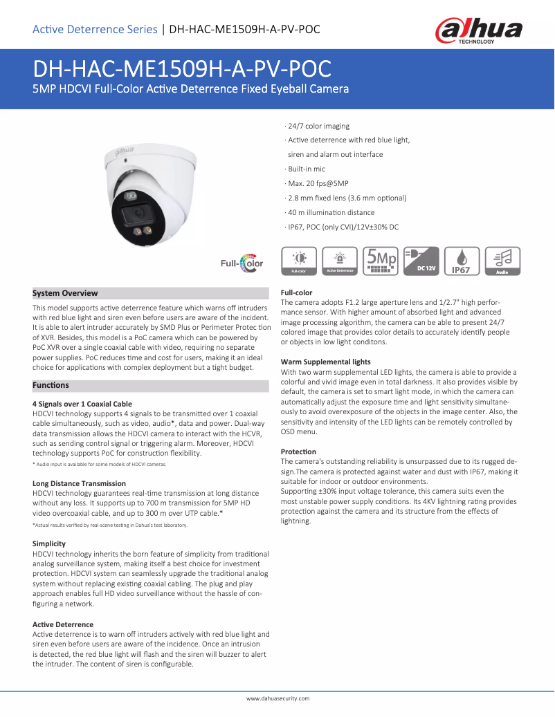 Page n°1 - Fiche technique Dahua Technology HAC-ME1509H-A-PV-POC