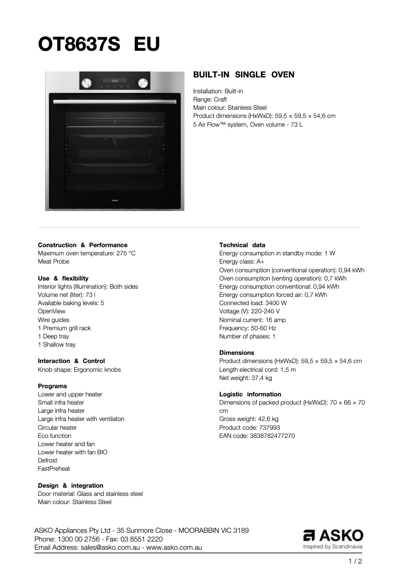 Page 1 de la notice Fiche technique Asko OT8637S EU