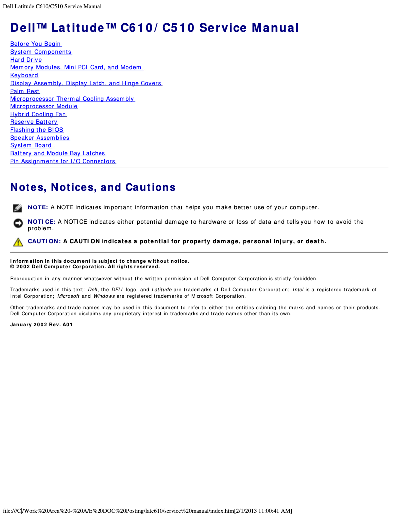 Page 1 de la notice Manuel utilisateur Dell Latitude C510