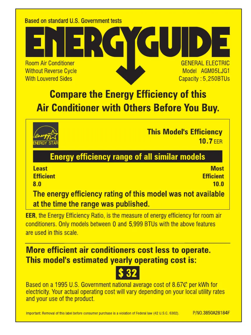 Page 1 de la notice Label énergétique GE AGM05LJ