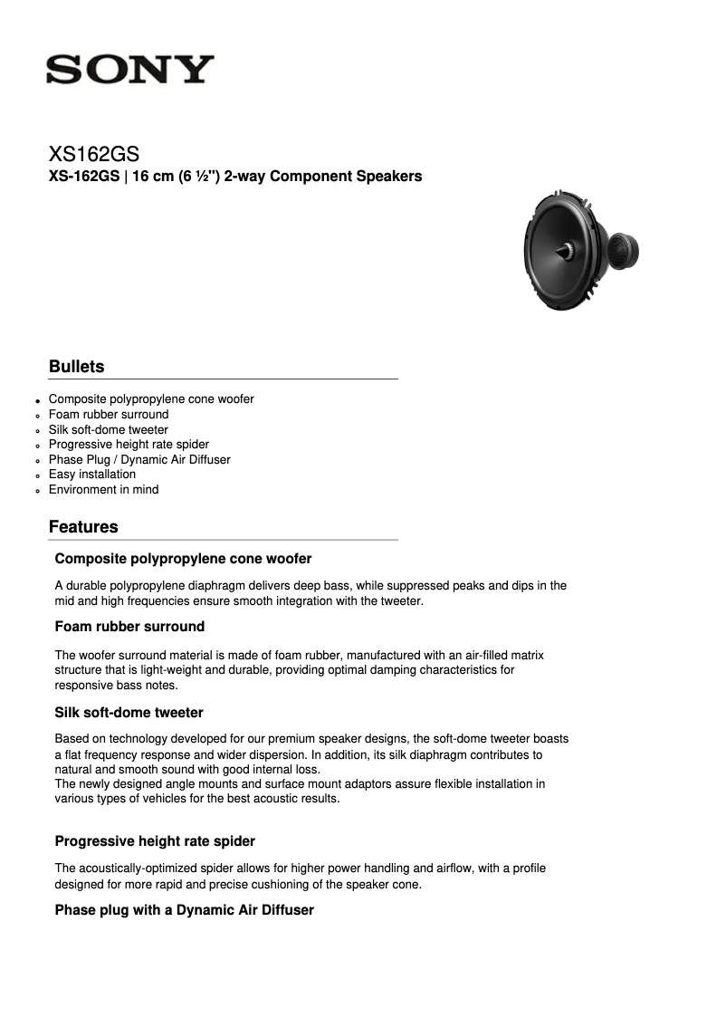 Page 1 de la notice Fiche technique Sony XS-162GS