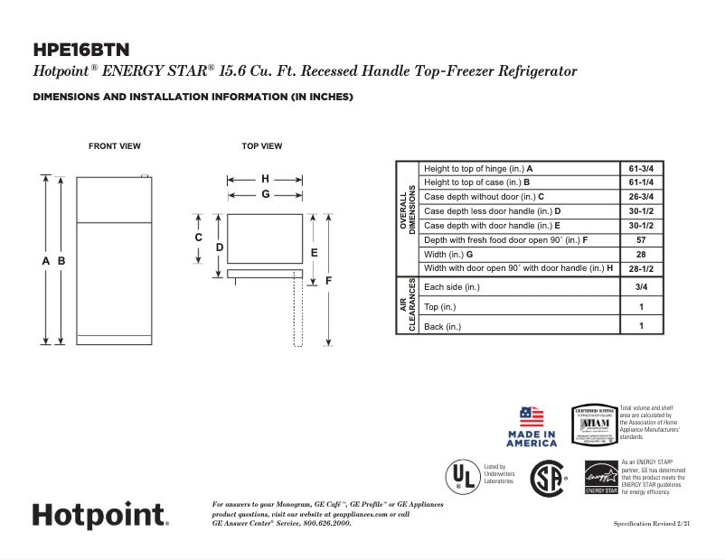 Page 1 de la notice Fiche technique Hotpoint HPE16BTNLWW