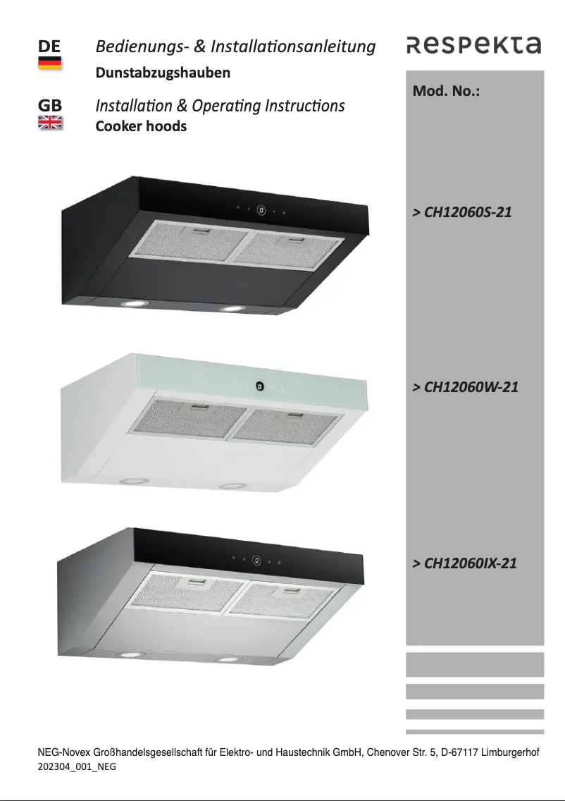 Page 1 of the manual User Manual Respekta Sanja CH12060IX-21