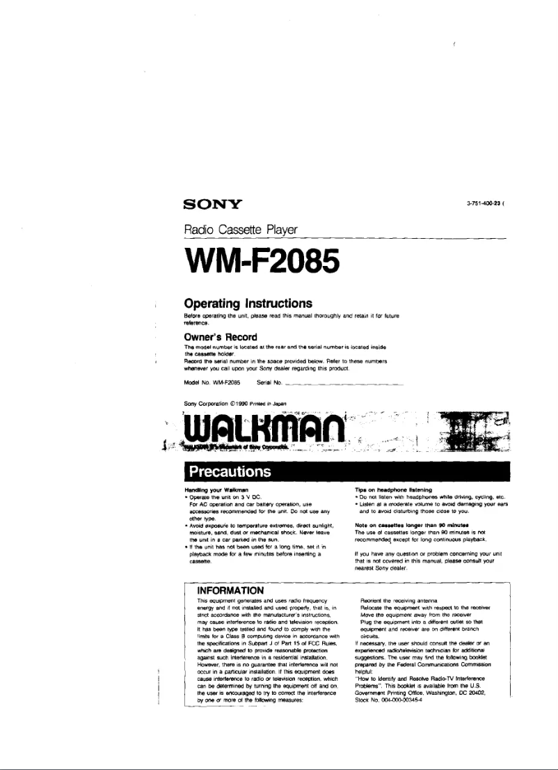 Page 1 de la notice Manuel utilisateur Sony Walkman WM-F2085