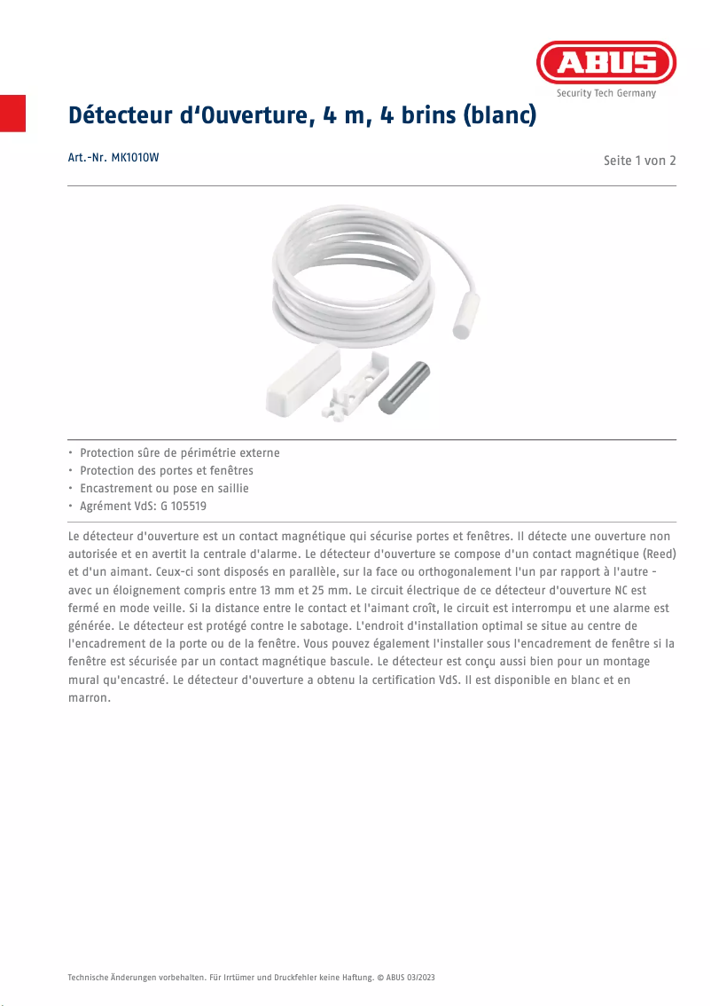 Page 1 de la notice Fiche technique Abus MK1010