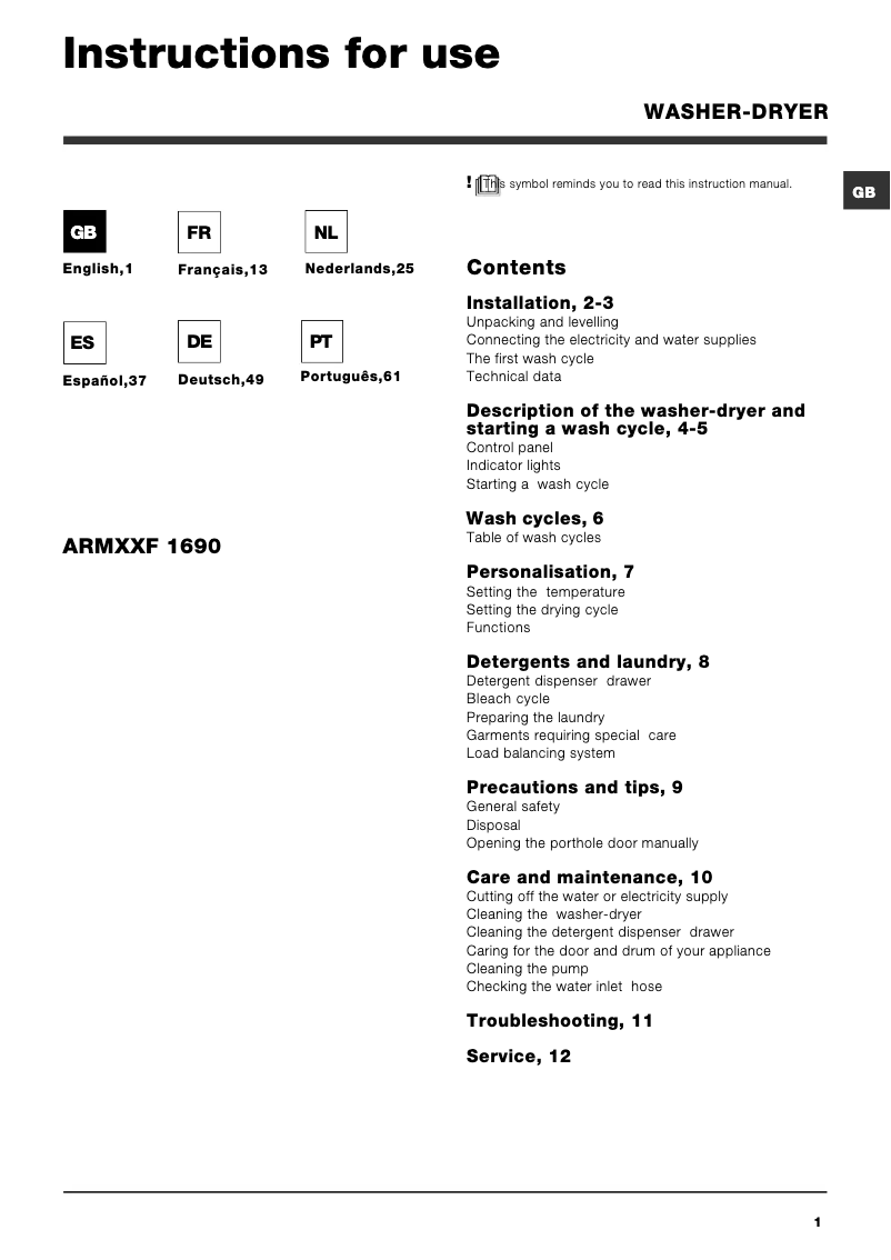 Page n°1 - Manuel utilisateur Hotpoint Ariston ARMXXF 1690 (EU)