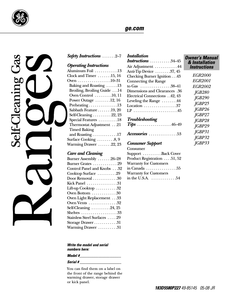 Page n°1 - Manuel d'utilisation et d'entretien GE EGR2002EMBS