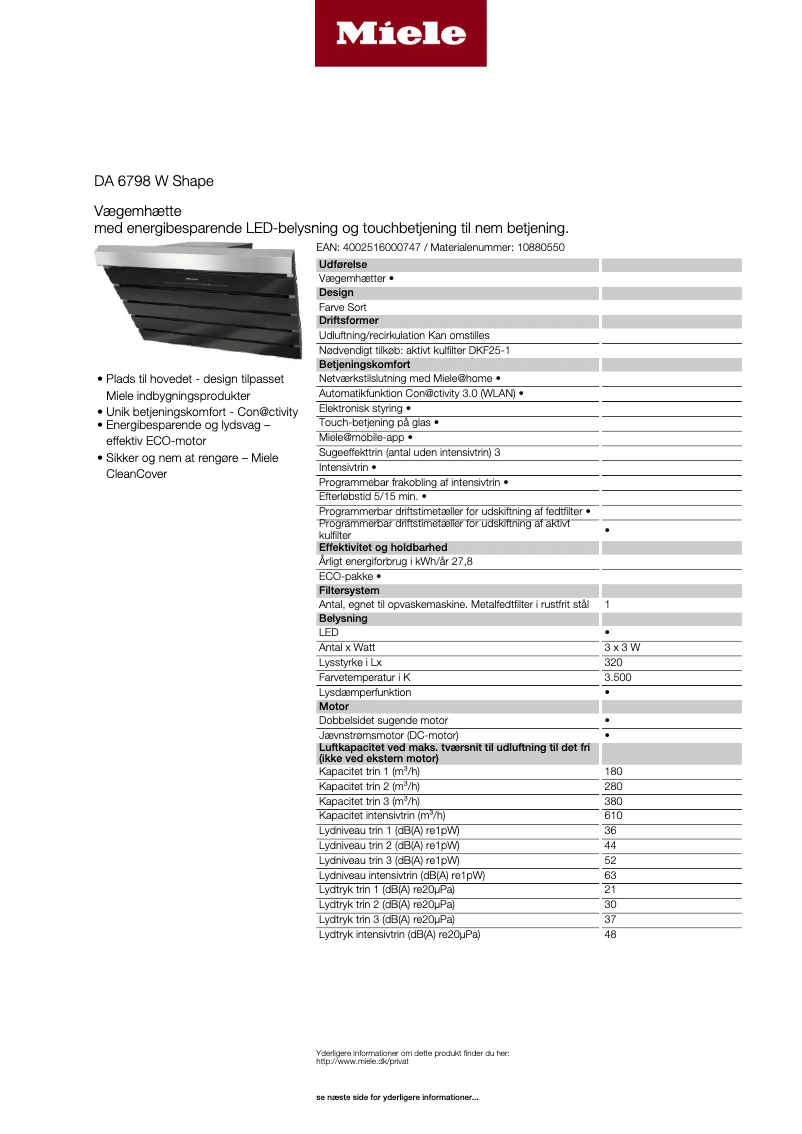 Page 1 de la notice Fiche technique Miele DA 6798 W Shape