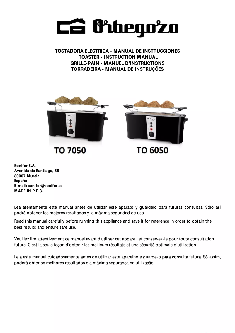 Page 1 de la notice Manuel utilisateur Orbegozo TO 6050