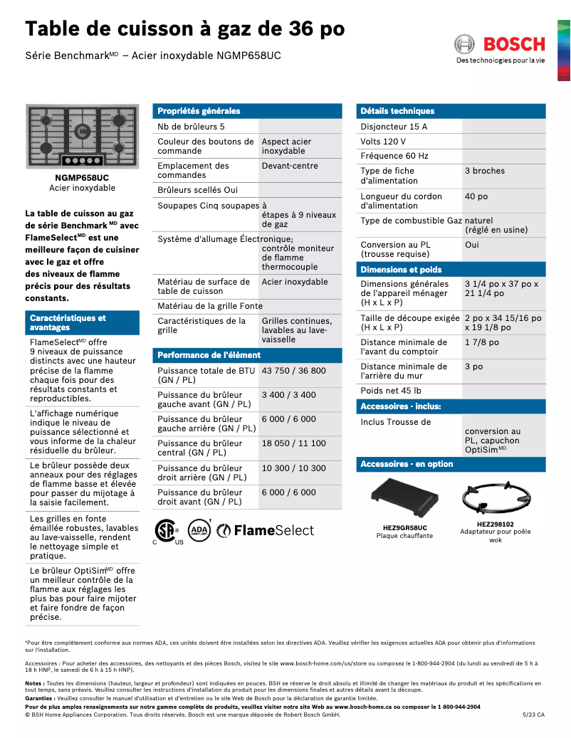 Page 1 de la notice Fiche technique Bosch NGMP658UC