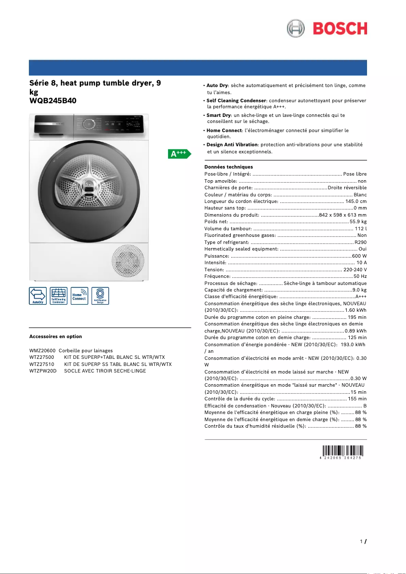 Page n°1 - Fiche technique Bosch WQB245B40