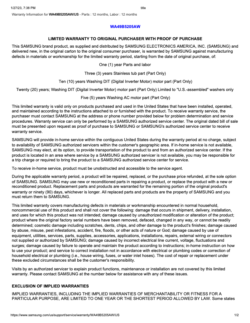 Page 1 de la notice Informations de garantie Samsung WA49B5205AW