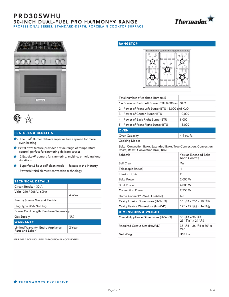 Page n°1 - Fiche technique Thermador Pro Harmony PRD305WHU