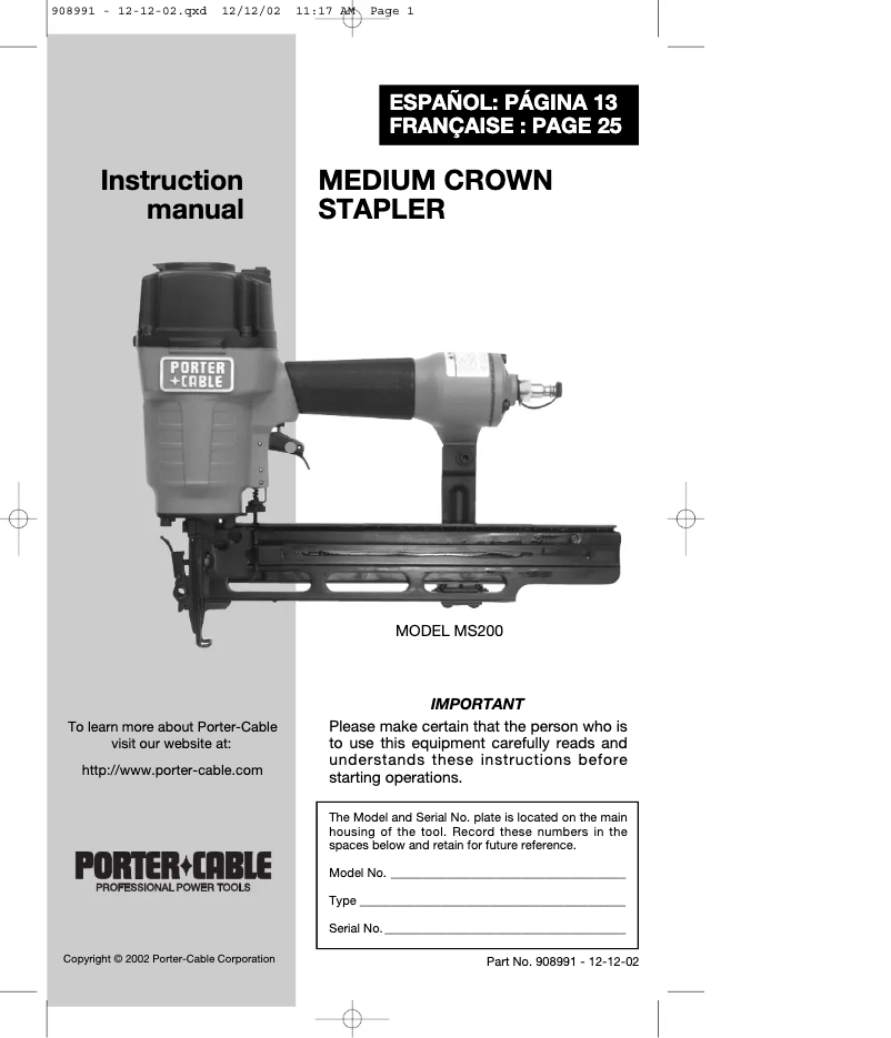 Page n°1 - Manuel utilisateur Porter-Cable MS200