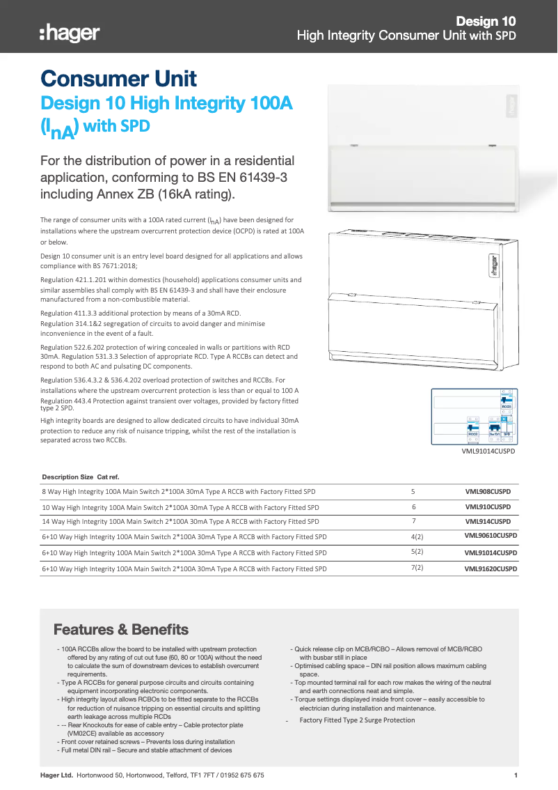 Page n°1 - Fiche technique Hager VML908CUSPD