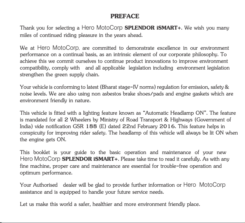 Page 1 de la notice Manuel utilisateur Hero Splendor iSmart+ (2018)