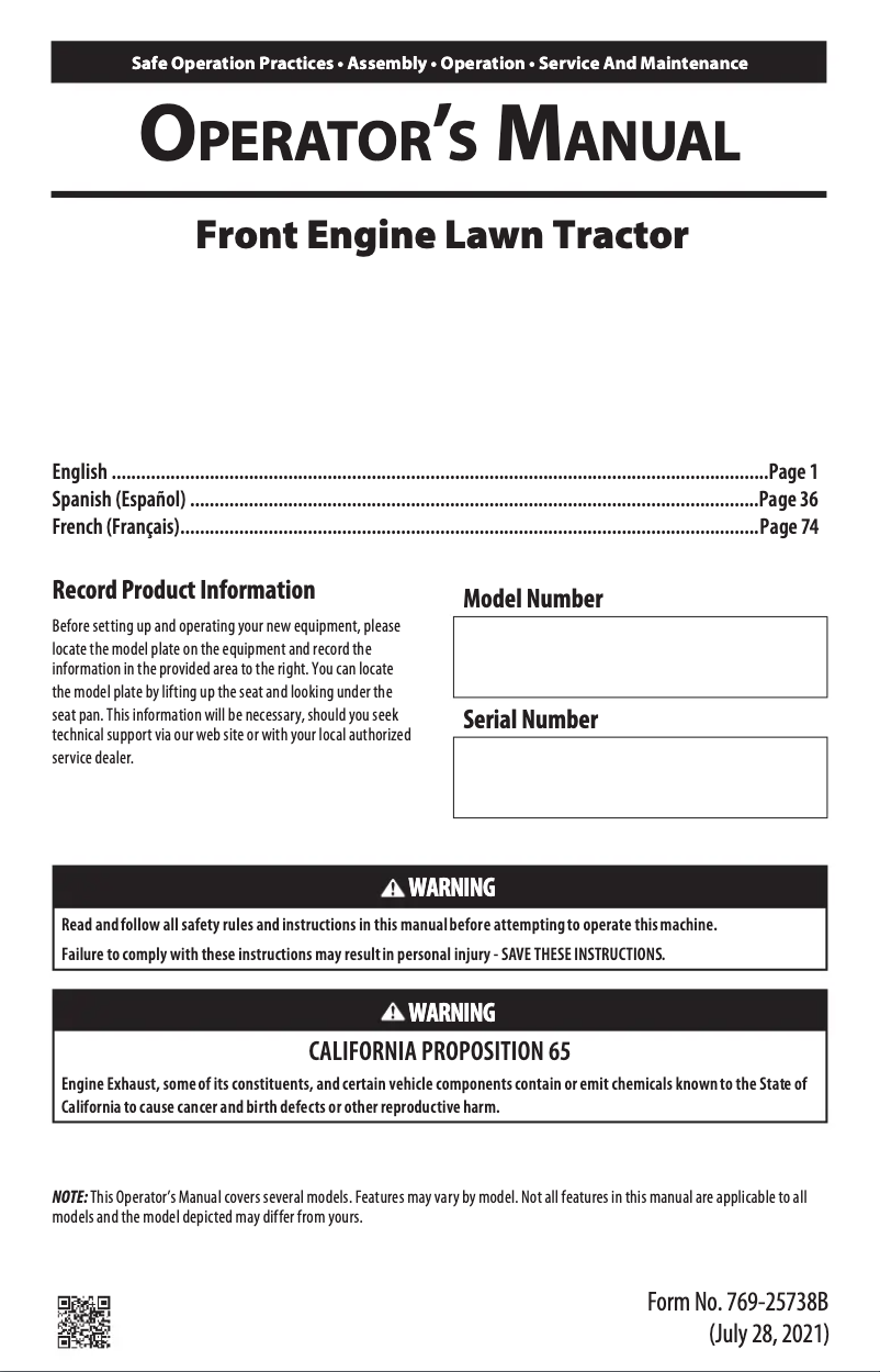 Page 1 de la notice Manuel utilisateur Troy-Bilt Super Bronco 50 XP