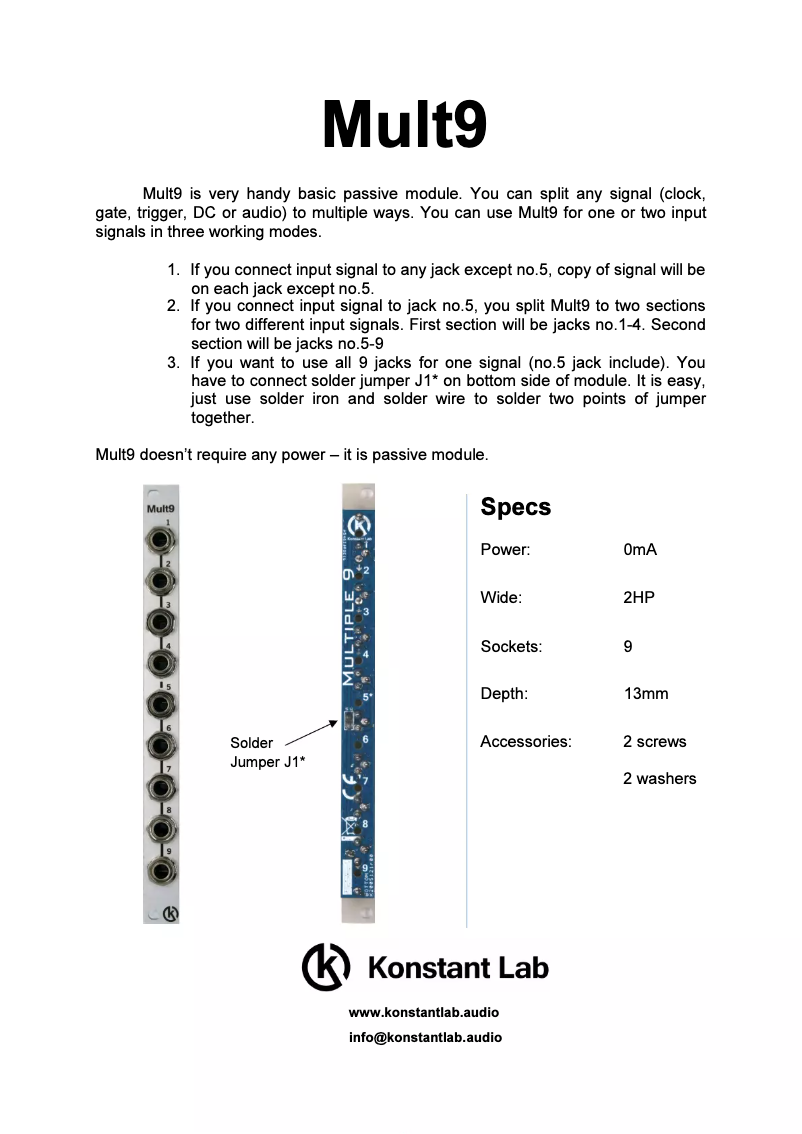 Page n°1 - Manuel utilisateur Konstant Lab Mult9