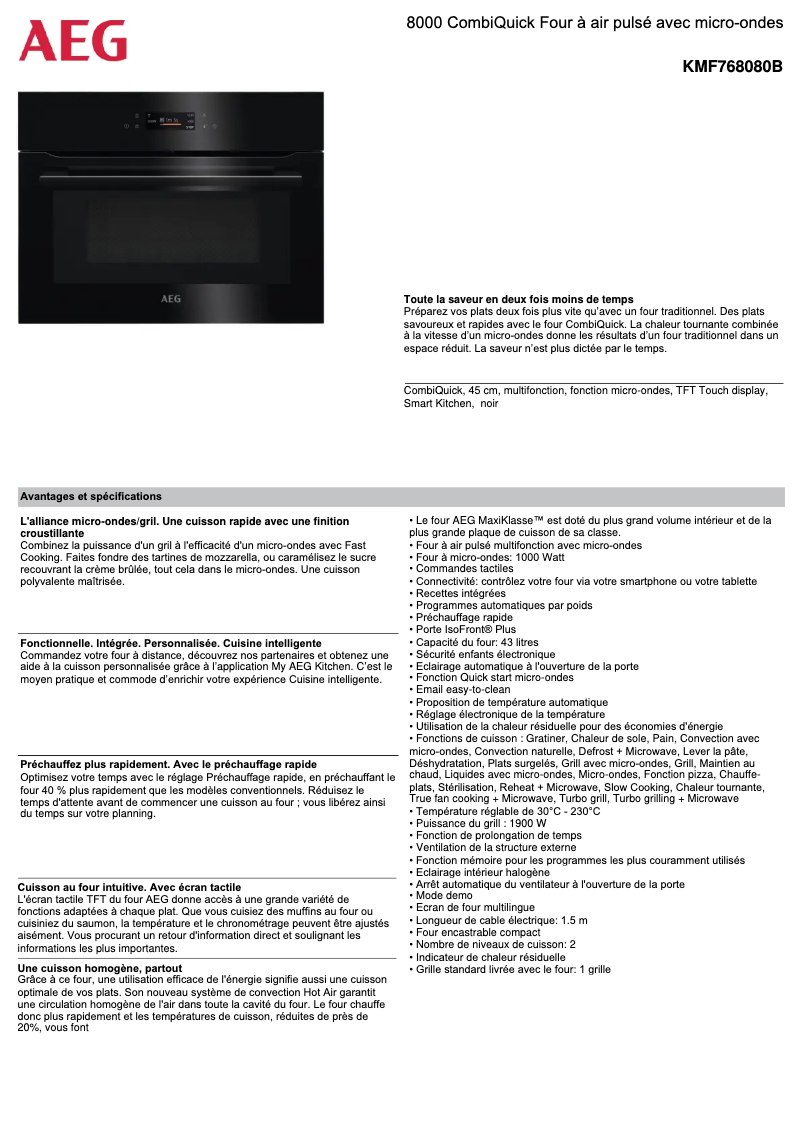 Page 1 de la notice Fiche technique AEG KMF768080B