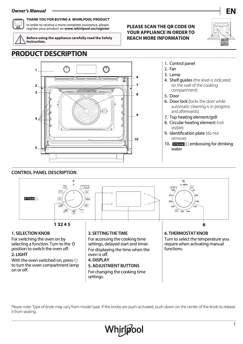 Page 1 de la notice Manuel d'utilisation et d'entretien Whirlpool OMSK58RU1SB