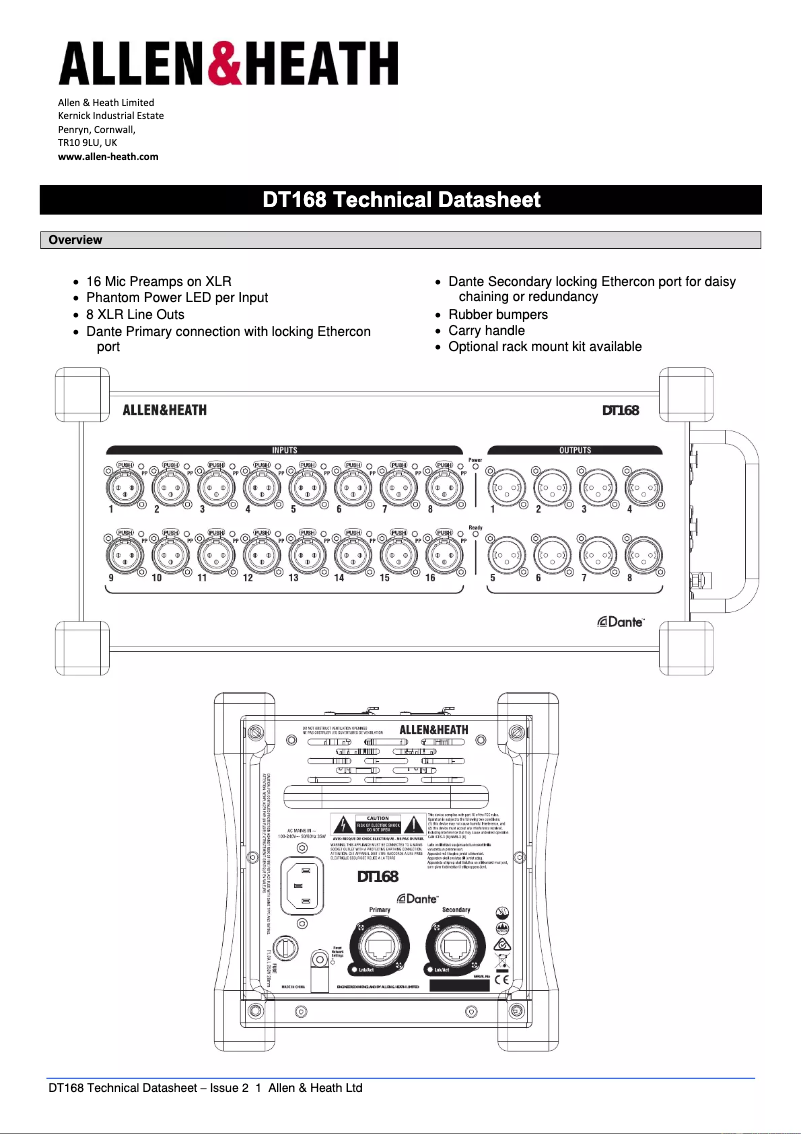 Page n°1 - Fiche technique Allen & Heath DT168