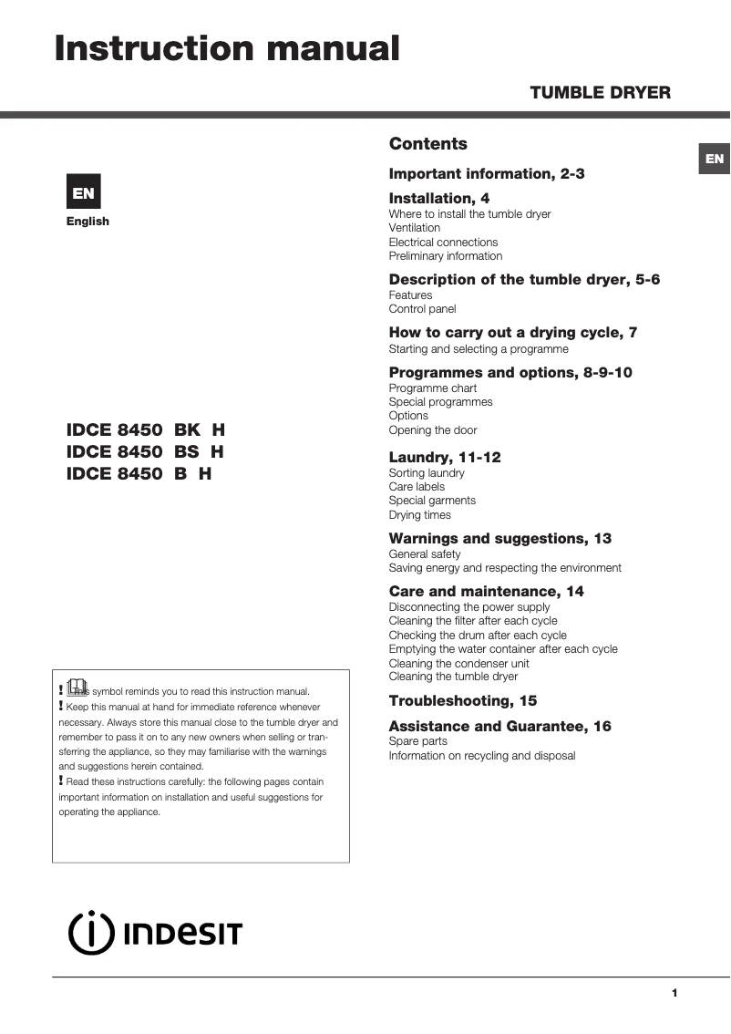 Página 1 del manual Manual de instrucciones Indesit IDCE 8450 BS H (UK)