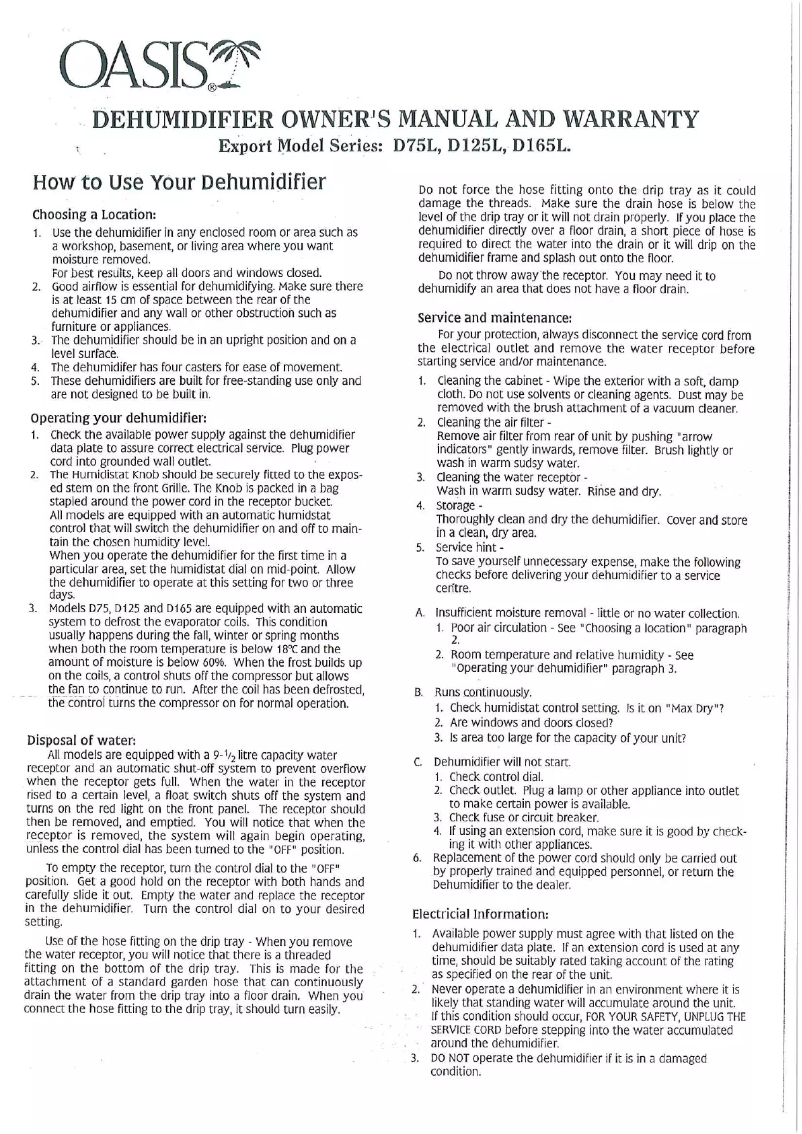 Page 1 de la notice Manuel utilisateur Oasis D75L