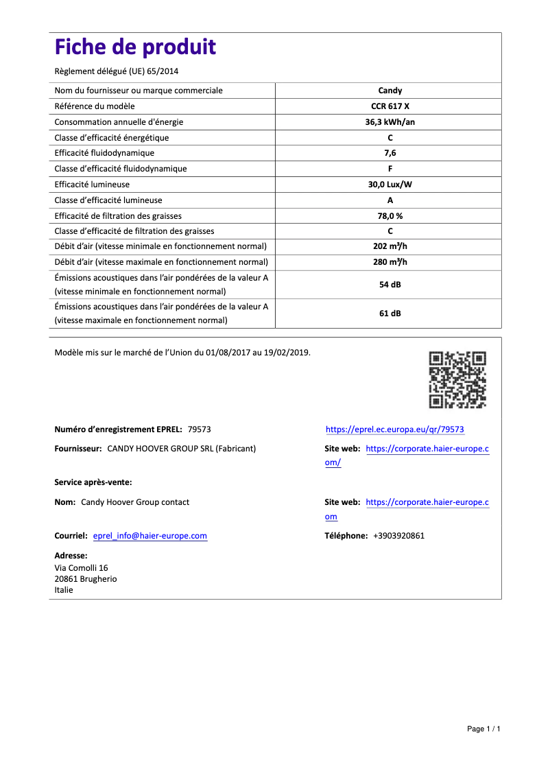 Page 1 de la notice Manuel utilisateur Candy CCR 617 X