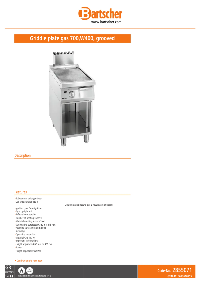 Page n°1 - Fiche technique Bartscher 2855071