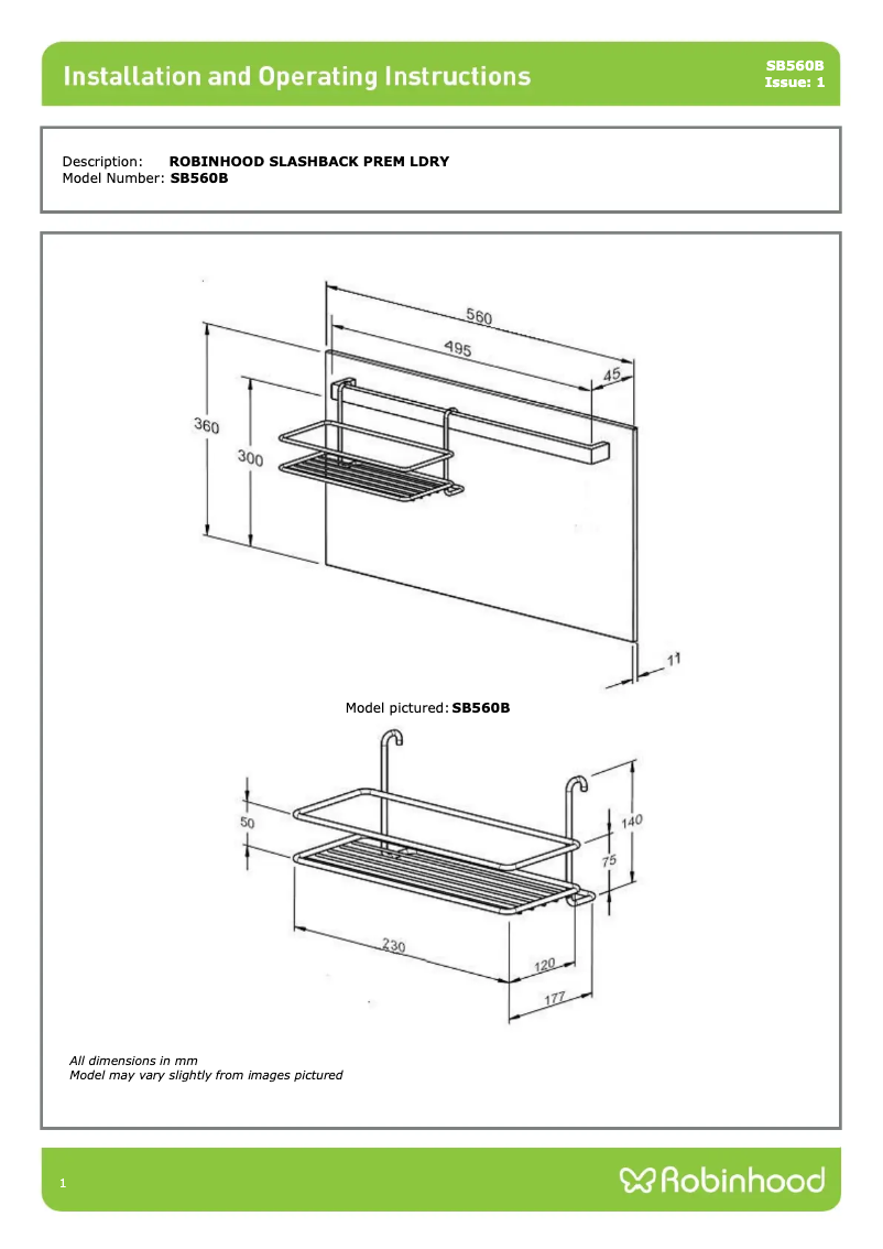 Page 1 de la notice Instructions / montage Robinhood SB560B
