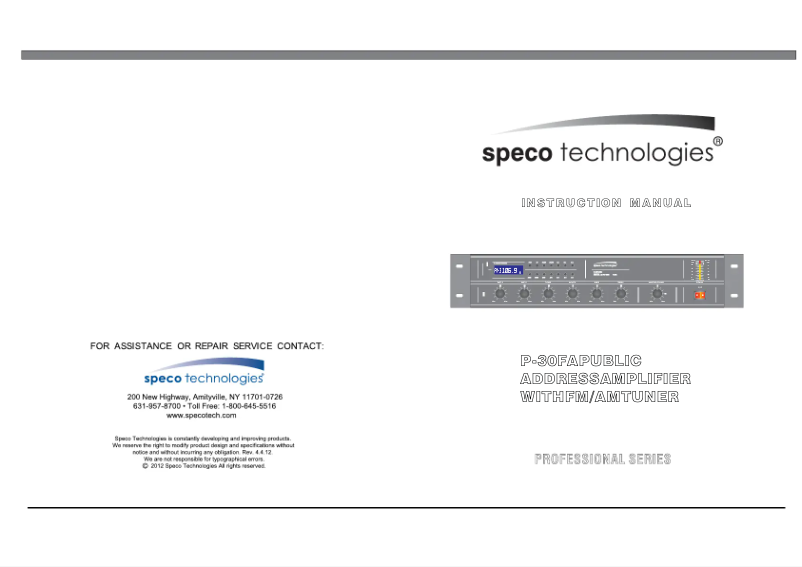 Page 1 de la notice Manuel utilisateur Speco Technologies P30FA