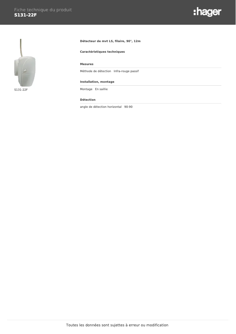 Page 1 de la notice Fiche technique Hager S131-22F