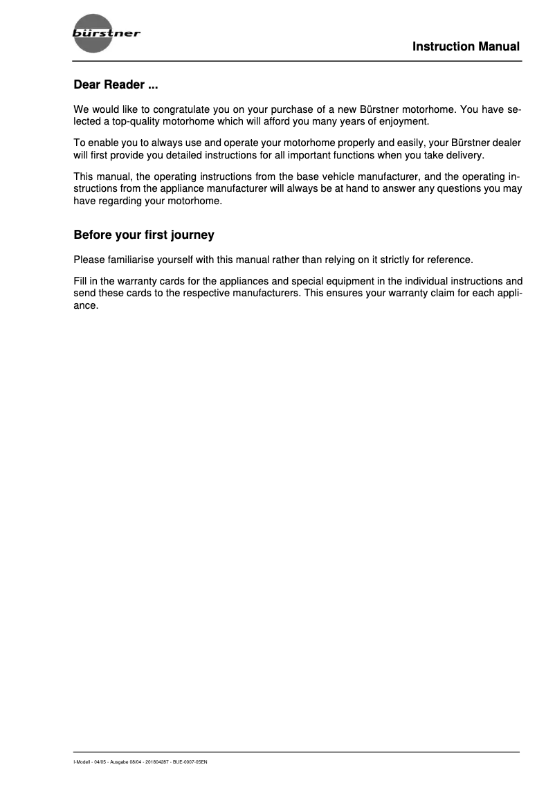 Page 1 de la notice Manuel utilisateur Bürstner I-Modell (2005)
