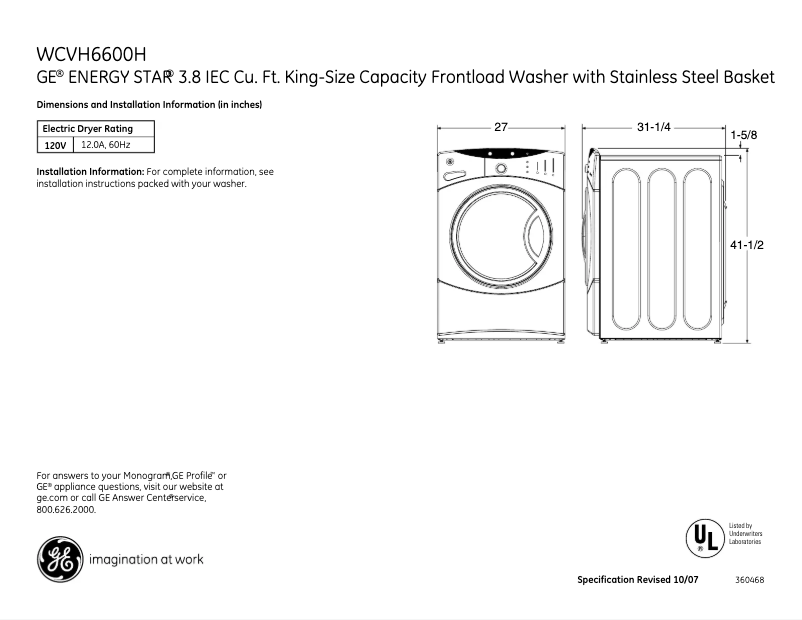 Page 1 of the manual Technical Sheet GE WCVH6600HMS