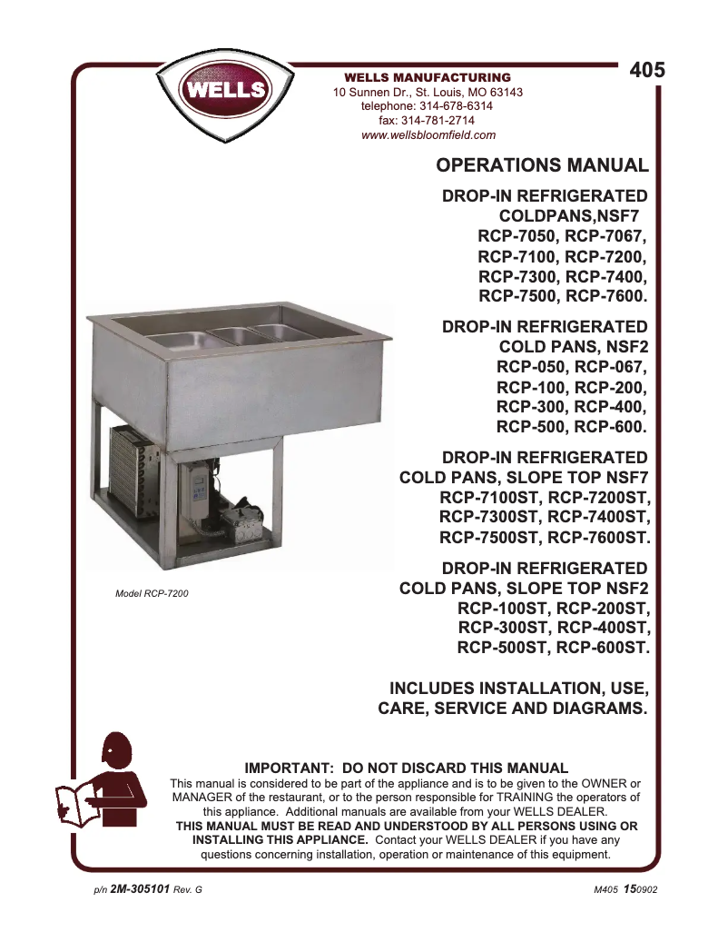Page 1 de la notice Manuel utilisateur Wells RCP7100ST