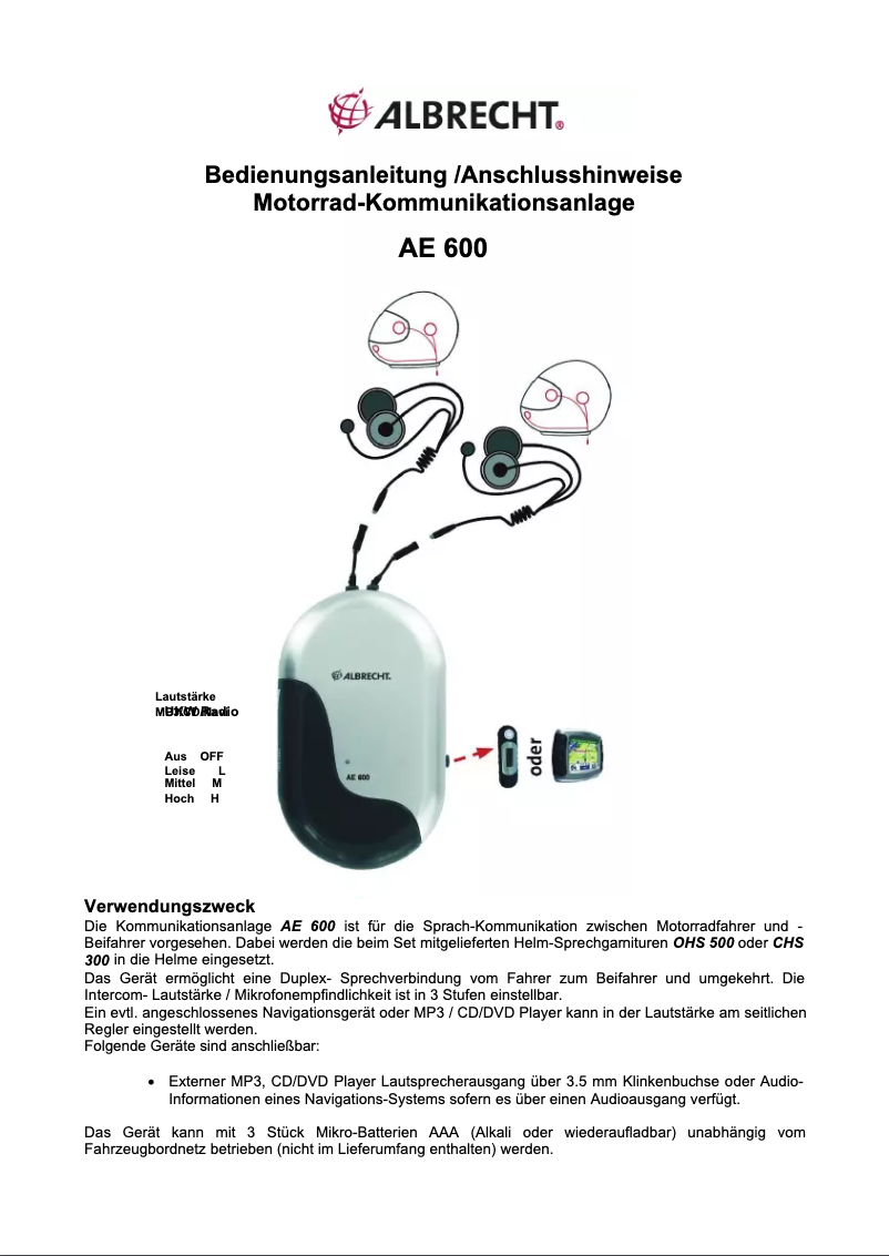 Image de la première page du manuel de l'appareil Albrecht AE600