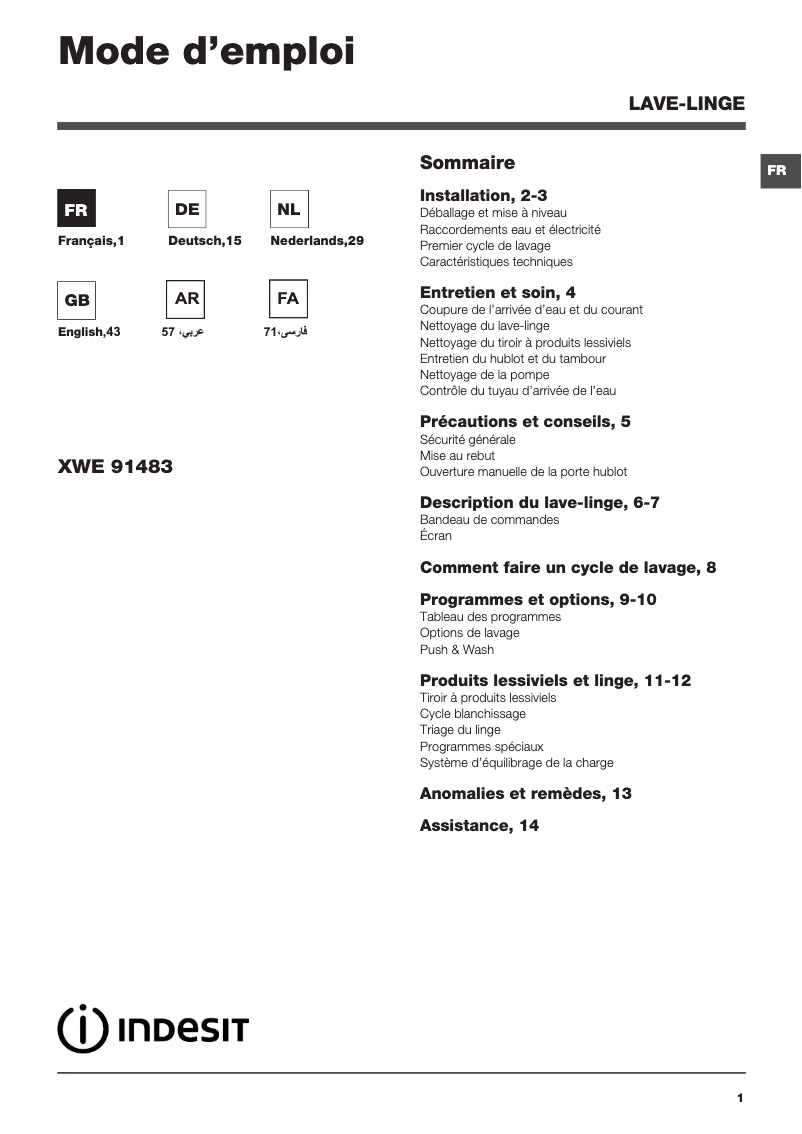 Page n°1 - Manuel utilisateur Indesit XWE 91483X WSSS EU