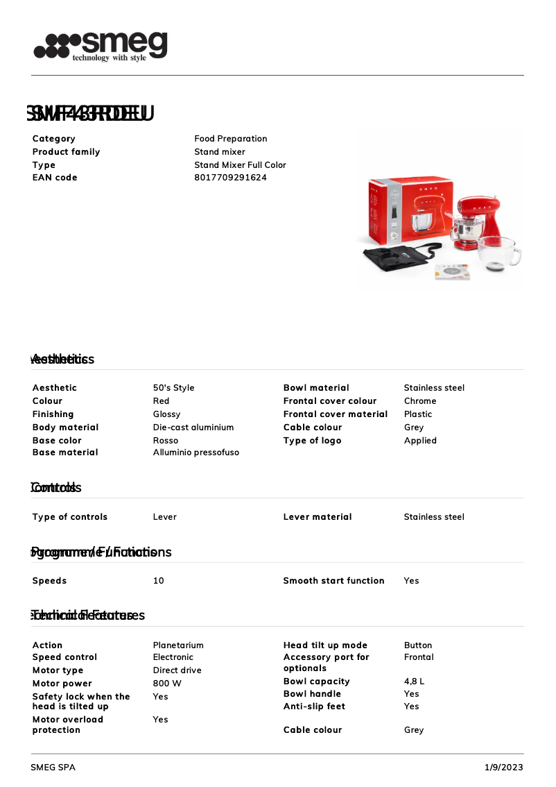 Page 1 de la notice Fiche technique Smeg SMF43RDEU
