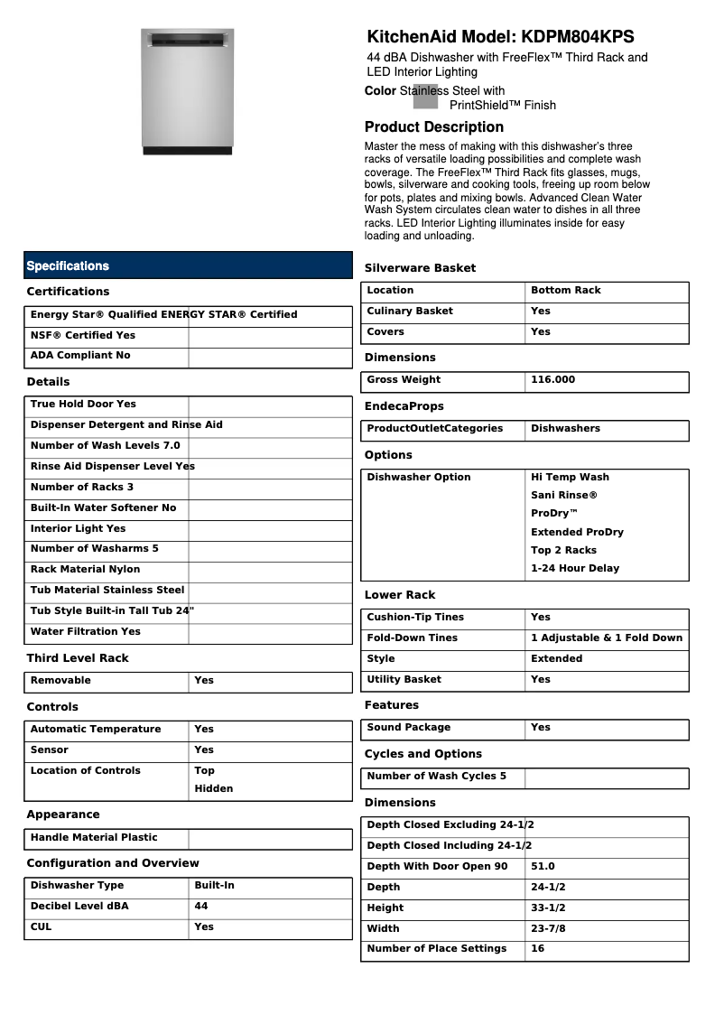 Página 1 del manual Ficha técnica KitchenAid KDPM804KPS