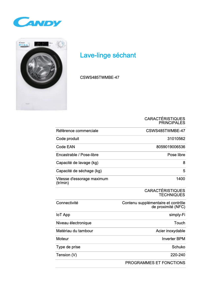 Page n°1 - Fiche technique Candy CSWS485TWMBE-47