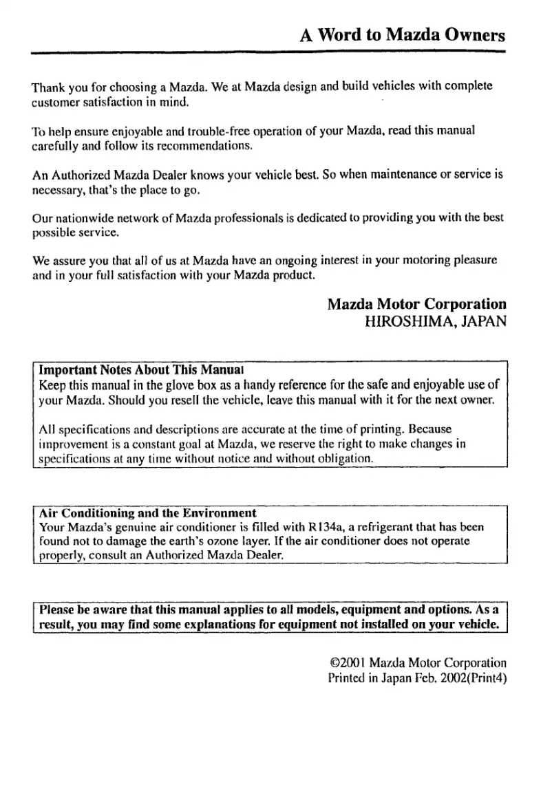 Page 1 de la notice Manuel utilisateur Mazda MX-5 Miata (2002)