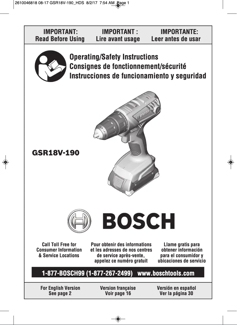 Page 1 de la notice Manuel utilisateur Bosch GSR18V-190