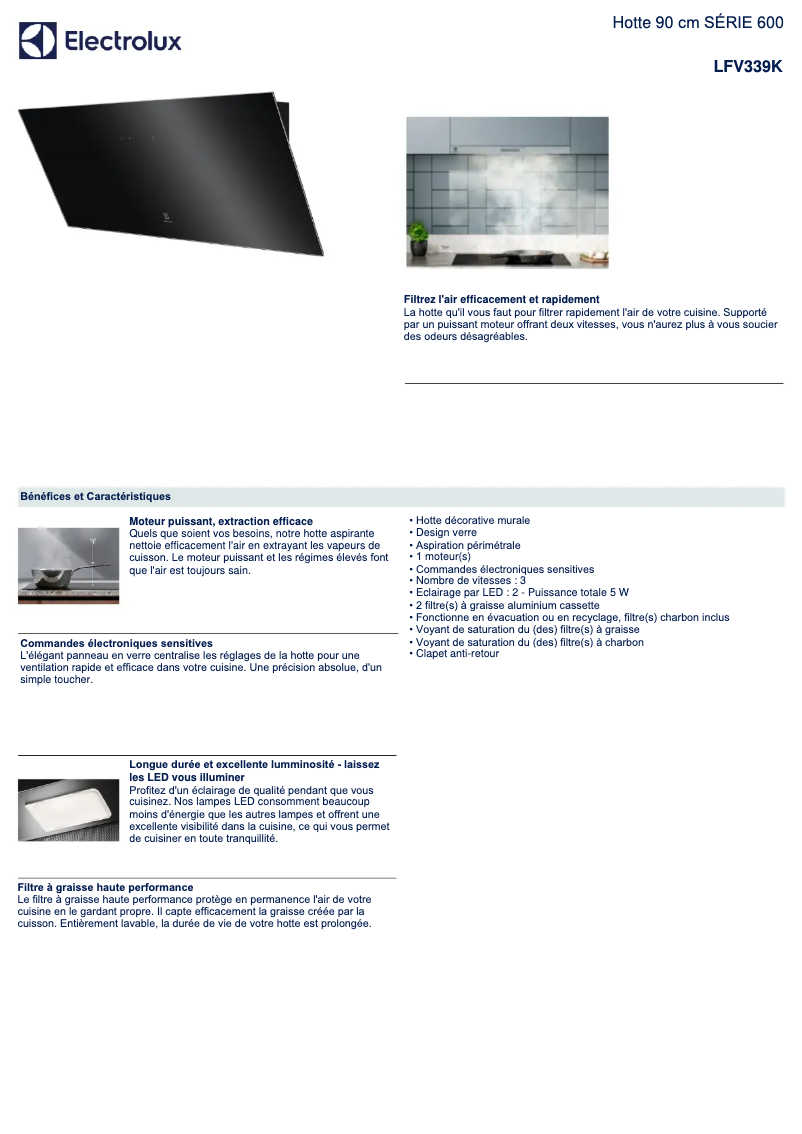Page 1 de la notice Fiche technique Electrolux LFV339K