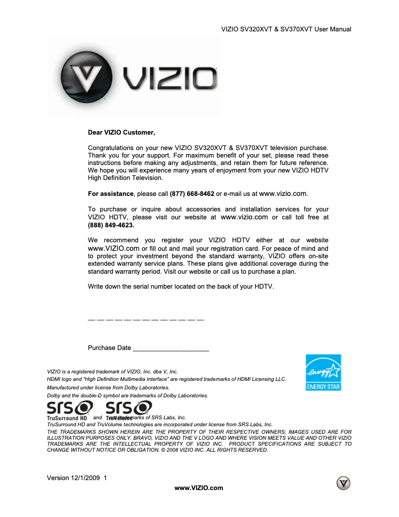 Page 1 de la notice Manuel utilisateur VIZIO SV320XVT