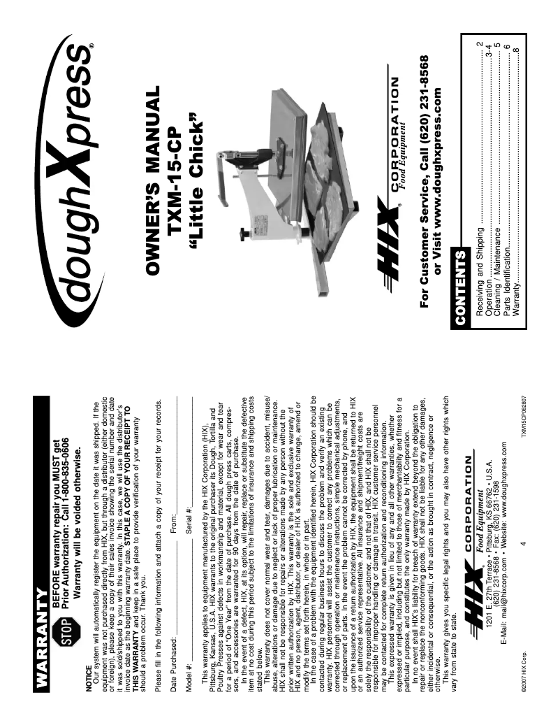 Page n°1 - Manuel utilisateur DoughXpress TXM-15-CP