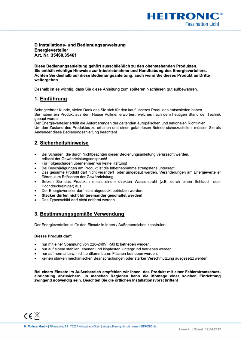 Page 1 de la notice Manuel utilisateur Heitronic 35461