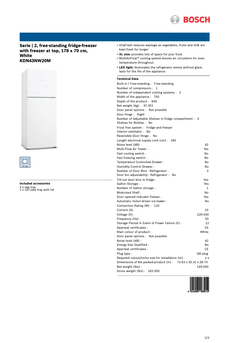 Página 1 del manual Ficha técnica Bosch KDN43NW20M