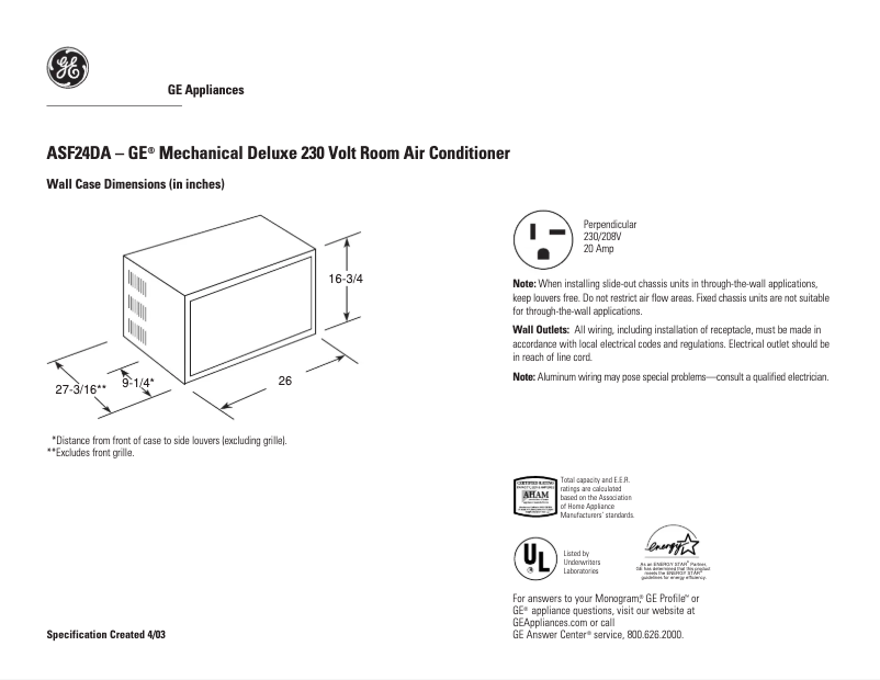 Página 1 del manual Ficha técnica GE ASF24DA
